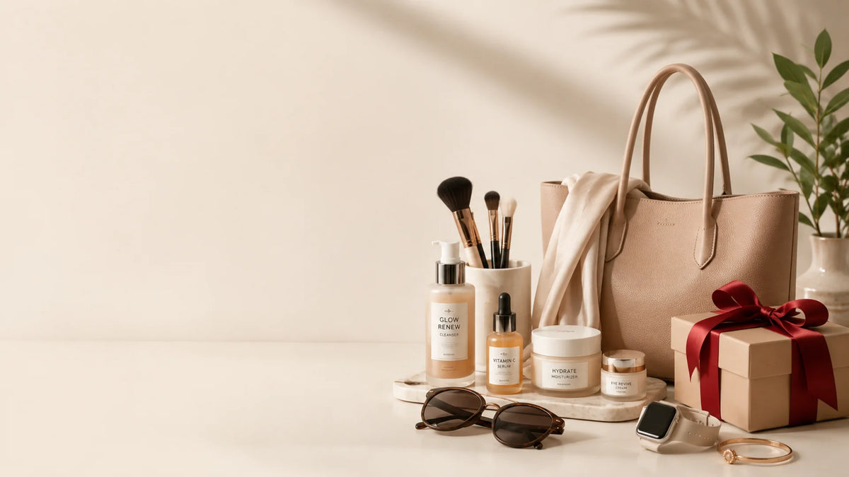A styled flat-lay of beauty and lifestyle accessories on a warm cream surface, including makeup brushes in a holder, skincare bottles and jars, a beige tote bag, sunglasses, a smartwatch, a gift box with a red ribbon, and a small plant.