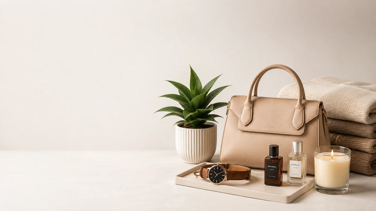 A beige leather handbag sits on a light tabletop beside a small potted succulent, folded towels, a candle, and a small tray holding a watch and perfume bottles against a soft off-white background.
