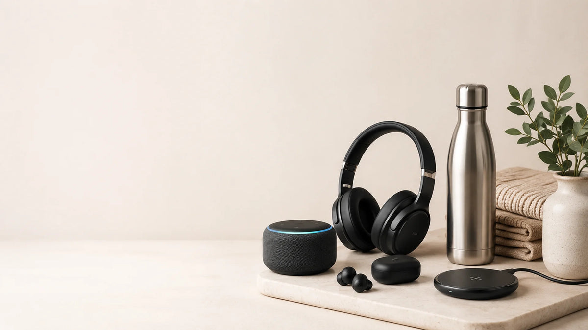 A styled tabletop arrangement on a light wood tray against a warm beige wall, featuring black over-ear headphones, a black smart speaker with a blue light ring, a pair of wireless earbuds in a charging case, a black wireless charger, a stainless steel water bottle, folded towels, a small potted plant, and a ceramic vase.
