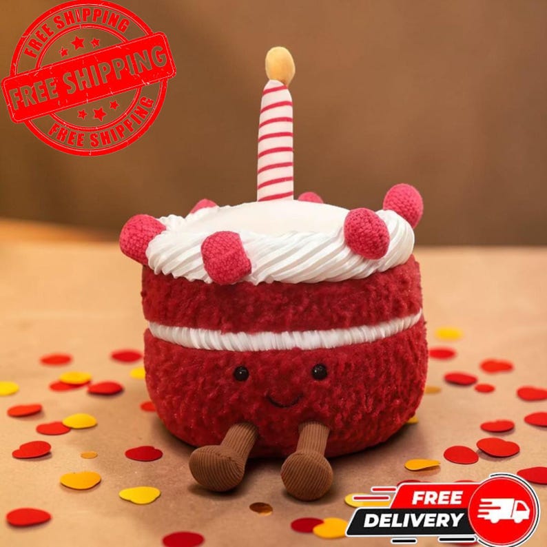 Red Velvet Cake Plush Toy – Smiling Birthday Candle Stuffed Doll