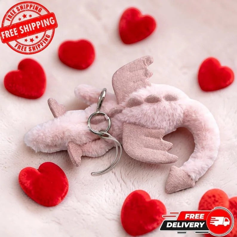 Pink Dragon Plush Keychain - Sparkly Rose Wing Bag Charm - Soft Mythical Keyring