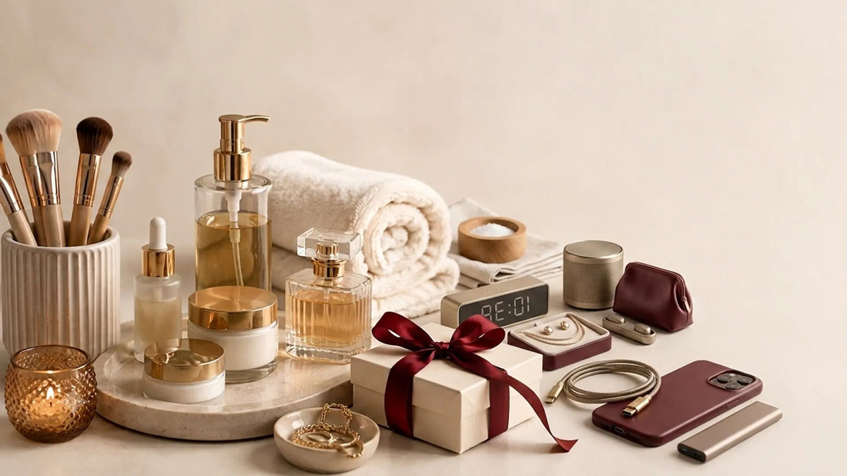 A styled flat-lay of spa and beauty products on a warm beige background, including rolled towels, glass bottles with gold pumps, makeup brushes in a white ribbed holder, a small gift box tied with a burgundy ribbon, a smartphone case, and gold-toned accessories.